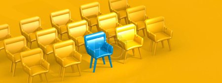 Concepto de liderazgo con filas de plomo silla azul de la silla amarilla, 3d renderizado