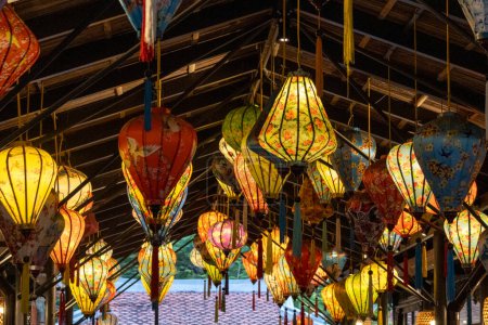 Colorful lanterns hangs inside the Ba Na Hills resort, Vietnam