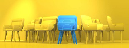 Concepto de liderazgo con filas de plomo silla azul de la silla amarilla, 3d renderizado