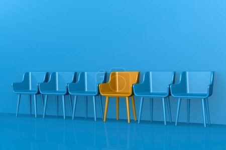 Row of blue chairs with yellow chair standing out, 3d rendering
