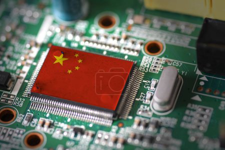 Flag of China on a processor, CPU Central processing Unit or GPU microchip on a motherboard. Semiconductor industry
