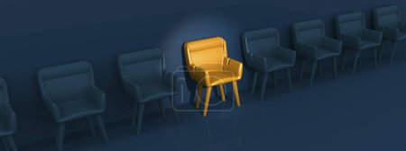 Row of blue chairs with yellow chair standing out, 3d rendering