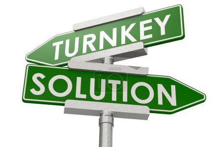 Turnkey solution word on green road sign, 3d rendering