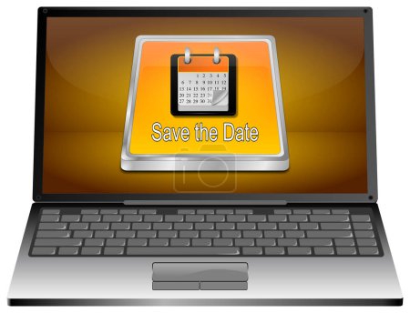 Téléchargez les photos : Ordinateur portable avec Save the Date Button orange sur bureau orange illustration 3D - en image libre de droit