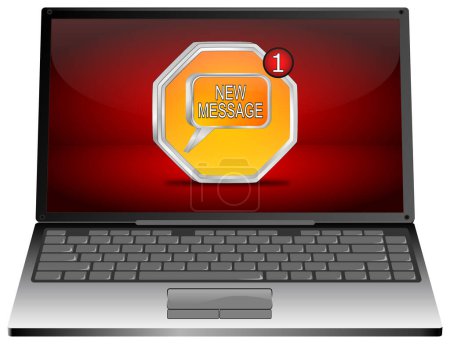 Foto de Ordenador portátil con nuevo botón de mensaje naranja en el escritorio rojo - Ilustración 3d - Imagen libre de derechos