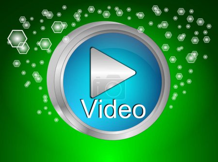 Téléchargez les photos : Voir la vidéo Bouton bleu sur fond vert brillant - illustration 3D - en image libre de droit