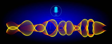 Téléchargez les photos : Reconnaissance vocale avec microphone et ondes sonores bleu-orange - illustration - en image libre de droit