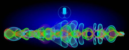 Téléchargez les photos : Reconnaissance vocale avec microphone et ondes sonores sur fond bleu - illustration - en image libre de droit