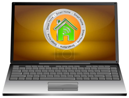 Téléchargez les photos : Ordinateur portable avec bouton Smart Home sur bureau orange illustration 3D - en image libre de droit