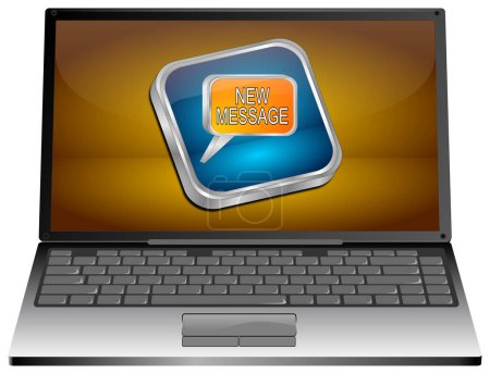 Foto de Ordenador portátil con nuevo botón de mensaje en el escritorio naranja - Ilustración 3d - Imagen libre de derechos