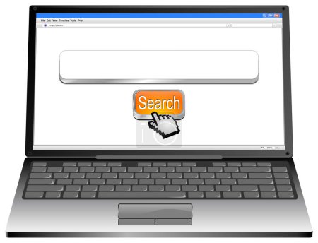 Foto de Ordenador portátil con motor de búsqueda web de Internet naranja y cursor - Ilustración 3D - Imagen libre de derechos