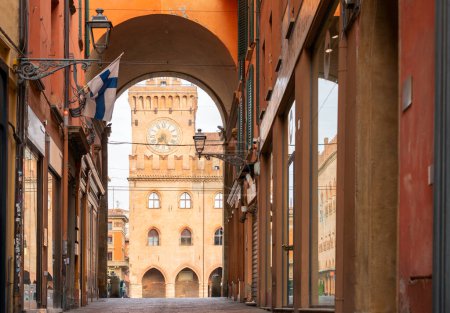 Panoramic view of Palazzo Accursio Town Hall clock tower. Bologna, Italy 