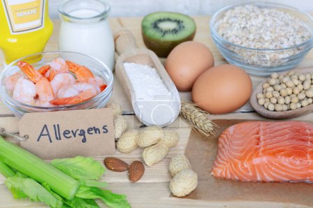 Photo for Composition with common food allergens including egg, milk, soya, peanits, fish, seafood, wheat flour, mustard, celery, oats with with written label "allergens" - Royalty Free Image