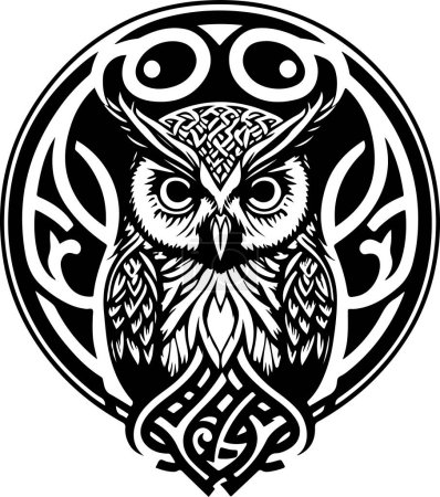 Téléchargez les illustrations : Art de ligne noir et blanc de la tête de hibou. Bon usage pour le symbole, la mascotte, l'icône, l'avatar, le tatouage, le design de T-Shirt, le logo ou tout autre design. Illustration vectorielle - en licence libre de droit