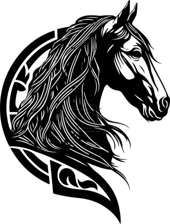 Silhouette vectorielle d'une tête de cheval avec ornement. Illustration vectorielle