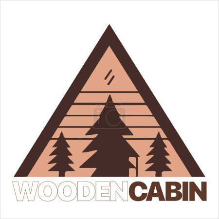 Vorlage für das Logo der Holzkabine. Hütte im Wald Vektor Illustration. Hüttenvermietung Logo. Chalet im Wald Aufkleber.