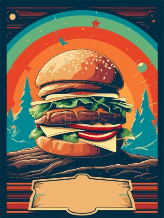 Illustration for Hamburger poster. Old style poster art. Big burger on retro style. Fast food menu vector cover design. Space for text. - Royalty Free Image