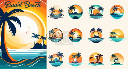 Summer beach island with palm trees in the ocean. Vector emblem of travel, holiday, resort. Vector Logo collection