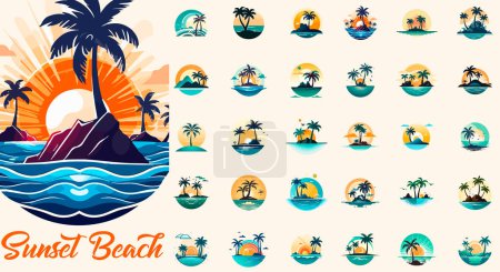 Summer beach island with palm trees in the ocean. Vector emblem of travel, holiday, resort. Vector Logo collection