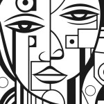 Abstract art vector outline illustration of couple, man and woman portrait. Black and white coloring page of human faces