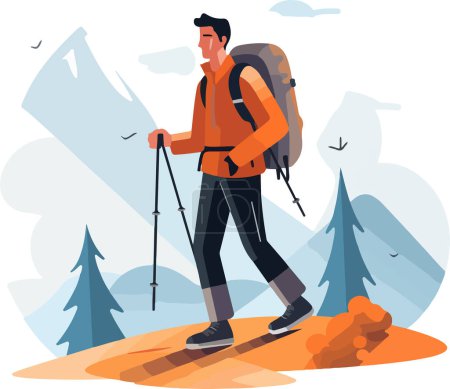 Illustration for Hiker person hiking or trekking with backpack walking in mountain forest outdoor wilderness landscape, vector illustration in flat style - Royalty Free Image