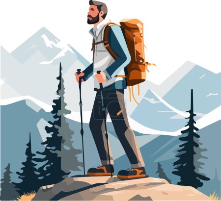 Illustration for Hiker person hiking or trekking with backpack walking in mountain forest outdoor wilderness landscape, vector illustration in flat style - Royalty Free Image