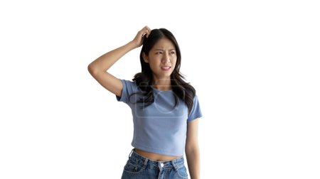 Photo for Young Asian woman thinking hard or planning to do something, Overthinking or worrying, Have a headache, Migraine, Stress, Free space for advertising or promoting products, Copy space, Enter text. - Royalty Free Image