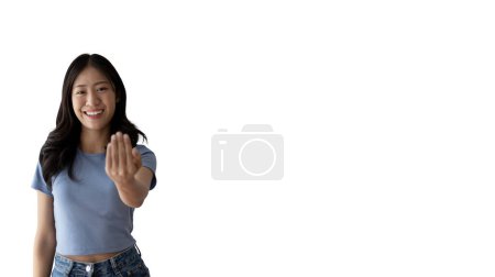 Photo for Women beckoning or inviting them to pay attention, Suggest to click or apply with me, Giving assistance and acceptance, Calling with one finger, Come and get me, Woman on white background. - Royalty Free Image