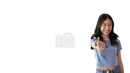 Photo for Women beckoning or inviting them to pay attention, Suggest to click or apply with me, Giving assistance and acceptance, Calling with one finger, Come and get me, Woman on white background. - Royalty Free Image