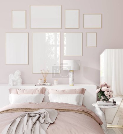 Téléchargez les photos : Modèle de cadre, Fond intérieur de la maison, Chambre à coucher en rose pastel c - en image libre de droit