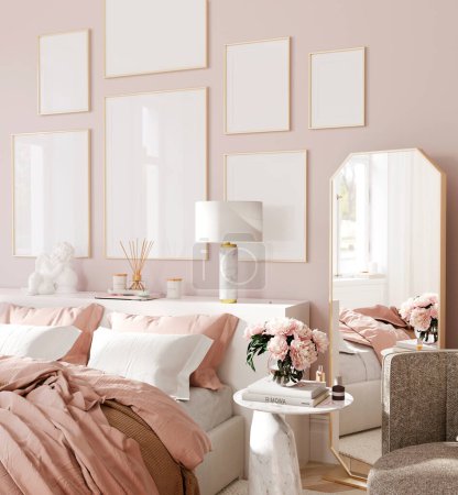 Téléchargez les photos : Modèle de cadre, Fond intérieur de la maison, Chambre à coucher en rose pastel c - en image libre de droit