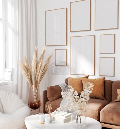 Foto de Marco de maqueta, Fondo interior del hogar, sala de estar con cuero - Imagen libre de derechos