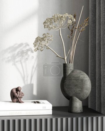 Téléchargez les photos : Composition intérieure élégante avec un vase en argile et des livres sur une commode. macro photographie / illustration 3D, rendu 3D - en image libre de droit