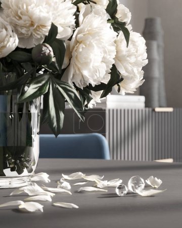 Foto de La composición de estilo interior con flores en el fondo de un interior moderno. macro fotografía / ilustración 3D, renderizado 3d - Imagen libre de derechos