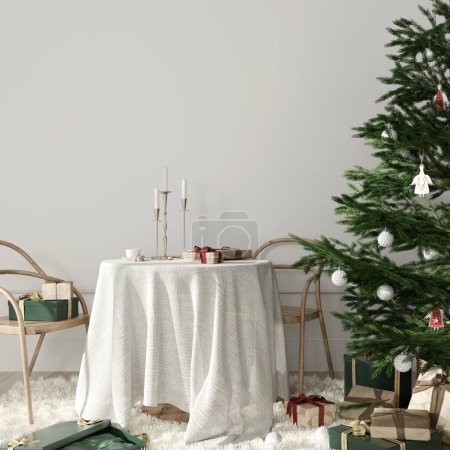 Téléchargez les photos : Élégant intérieur de Noël avec une petite table ronde couverte d'une nappe en lin, deux chaises rétro, un sapin de Noël et des cadeaux autour / Illustration 3D, rendu 3D - en image libre de droit