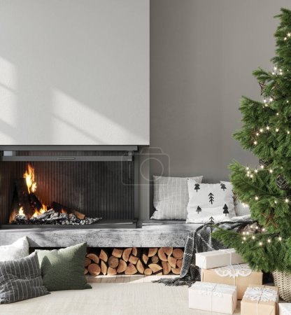 Téléchargez les photos : Intérieur de Noël gris moderne avec cheminée, arbre de Noël et cadeaux / Illustration 3D, rendu 3d - en image libre de droit