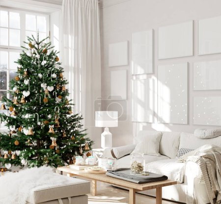 Téléchargez les photos : Intérieur de Noël confortable et lumineux d'un salon dans un style classique avec un canapé doux, une table en osier, un pouf et un arbre de Noël / illustration 3D, rendu 3d - en image libre de droit