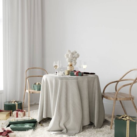 Téléchargez les photos : Élégant intérieur de Noël avec une petite table ronde couverte d'une nappe en lin, deux chaises rétro et des cadeaux autour / Illustration 3D, rendu 3D - en image libre de droit