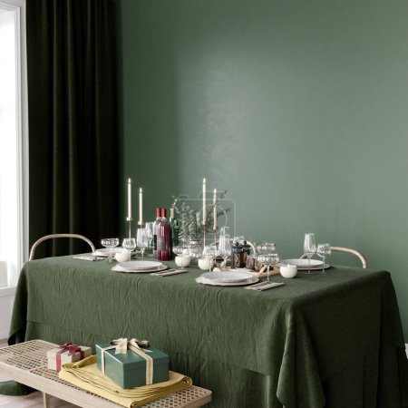 Téléchargez les photos : Élégantes couleurs vertes intérieures de Noël avec une table à manger joliment décorée et des cadeaux autour / illustration 3D, rendu 3d - en image libre de droit