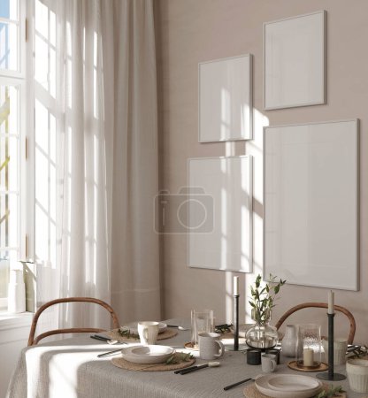 Foto de Comedor moderno Interior con una mesa de comedor cubierta con un mantel de lino y platos / ilustración 3D, 3d render - Imagen libre de derechos