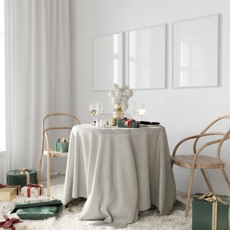 Téléchargez les photos : Modèle à 3 images. Intérieur de Noël avec une petite table ronde couverte d'une nappe en lin, deux chaises rétro et cadeaux autour / Illustration 3D, rendu 3d - en image libre de droit