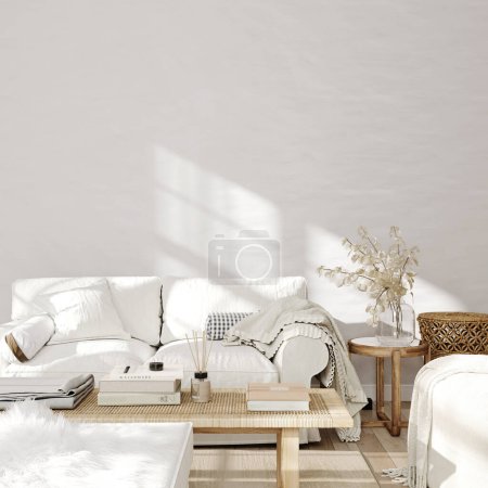 Foto de Sala de estar Interior en colores beige en vista frontal / ilustración 3D, 3d render - Imagen libre de derechos