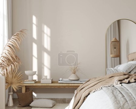 Téléchargez les photos : Chambre à coucher Intérieur en couleurs beige dans la vue de face / Illustration 3D, rendu 3d - en image libre de droit
