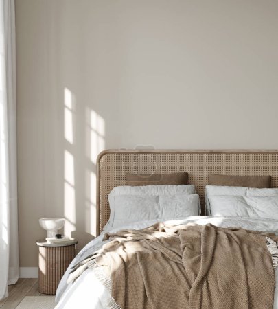 Foto de Interior del dormitorio en colores beige en vista frontal / ilustración 3D, 3d render - Imagen libre de derechos