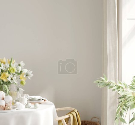 Foto de Comedor moderno Interior con una mesa de comedor cubierta con un mantel de lino y platos / ilustración 3D, 3d render - Imagen libre de derechos