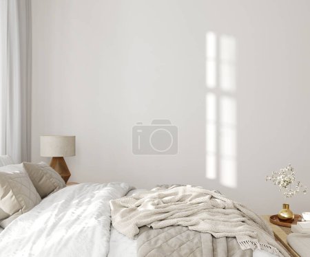 Foto de Interior del dormitorio en colores beige en vista frontal / ilustración 3D, 3d render - Imagen libre de derechos