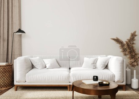 Téléchargez les photos : Salon Intérieur en couleurs beige avec grand canapé en vue avant / Illustration 3D, rendu 3d - en image libre de droit