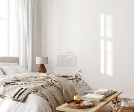 Foto de Interior del dormitorio en colores beige en vista lateral / ilustración 3D, 3d render - Imagen libre de derechos