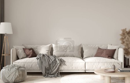 Téléchargez les photos : Salon Intérieur en couleurs beige avec grand canapé en vue avant / Illustration 3D, rendu 3d - en image libre de droit