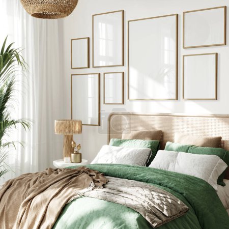 Foto de Dormitorio en estilo boho, Interior con un sofá beige, reflejo de vidrio, vista lateral / ilustración 3D, 3D render - Imagen libre de derechos
